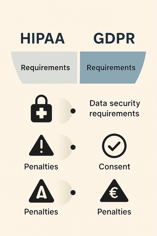 Infographic comparing HIPAA and GDPR requirements and penalties for pharma marketing and data privacy