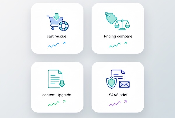 Four icon-based tiles visualizing cart rescue, pricing help, content upgrade, and SaaS brief use cases