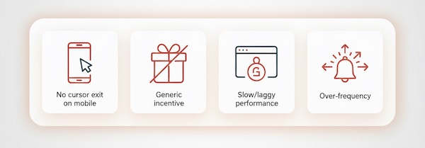 Icon set showing common exit-intent failures: mobile mismatch, generic offer, heavy modal, excessive frequency