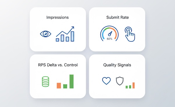 Icon-driven dashboard cards for impressions, submit rate, revenue per session delta, and quality signals