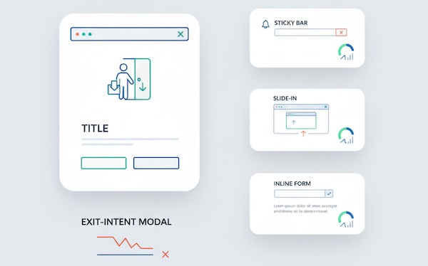 Comparison of an exit-intent modal versus sticky bar, slide-in, and inline form with minimal performance gauges