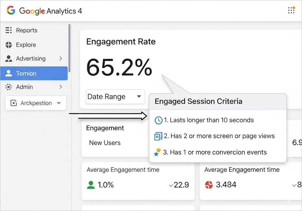 GA4 engagement rate with engaged-session criteria highlighted”