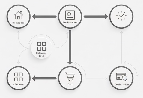Weighted state graph showing core steps from homepage to order confirmation with dominant transitions