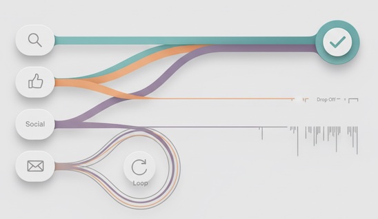 Sankey flows from different segments into distinct successful and struggling journey paths