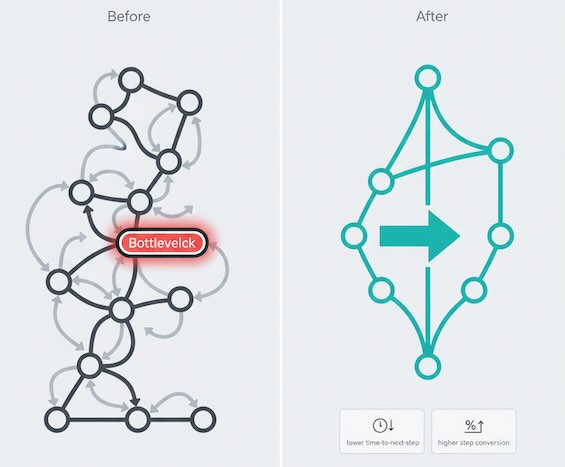 Before/after paths showing fewer loops and faster progress, with small icons implying improved KPIs