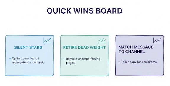 Three quick wins: find “silent stars,” remove useless pages, tailor your message to the channel
