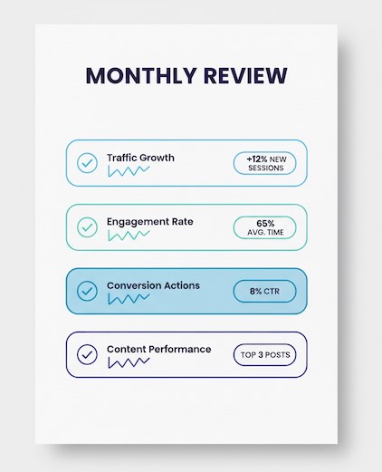 A one-page monthly checklist for reviewing your website with mini-graphs.