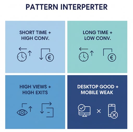 Quadrant with typical patterns: time and conversions, views and exits, desktop vs. mobile