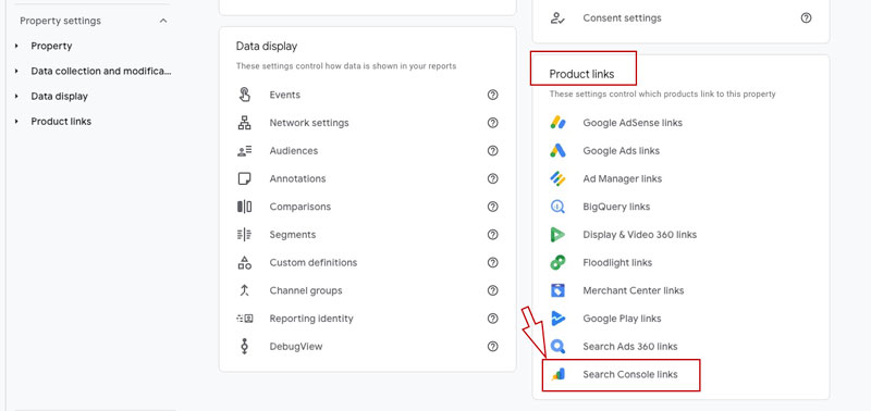 Google Analytics 4 Search Console links page with Link button
