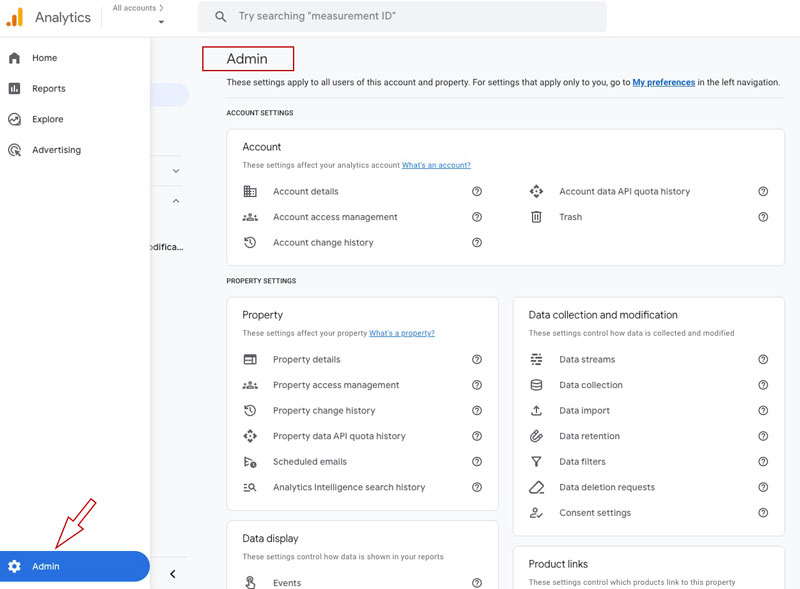 Google Analytics 4 admin panel showing property settings and navigation