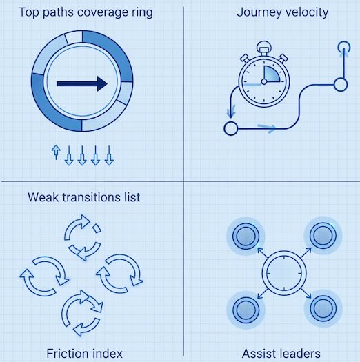 Five dashboard tiles for path coverage, weak handoffs, speed, friction, assists