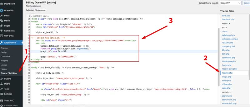Adding GA4 tracking code to WordPress header