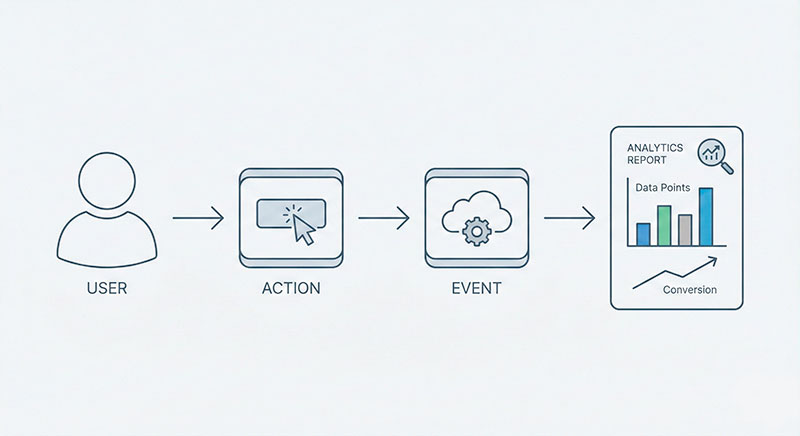 user, their action, an event, and an analytics report linked by arrows