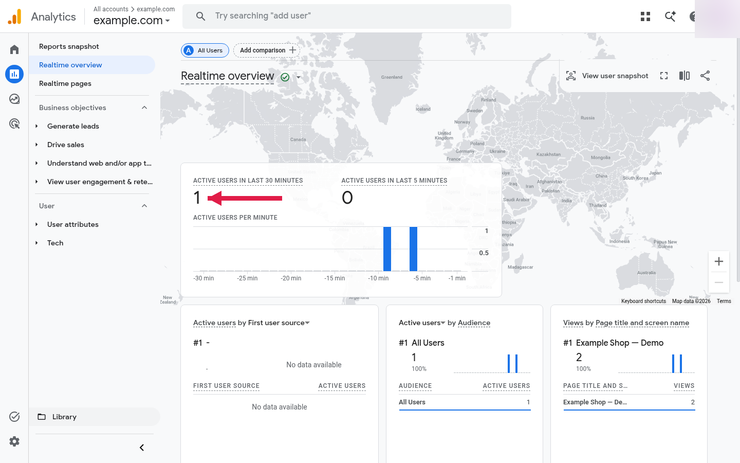 GA4 Realtime overview showing one active user from a test visit