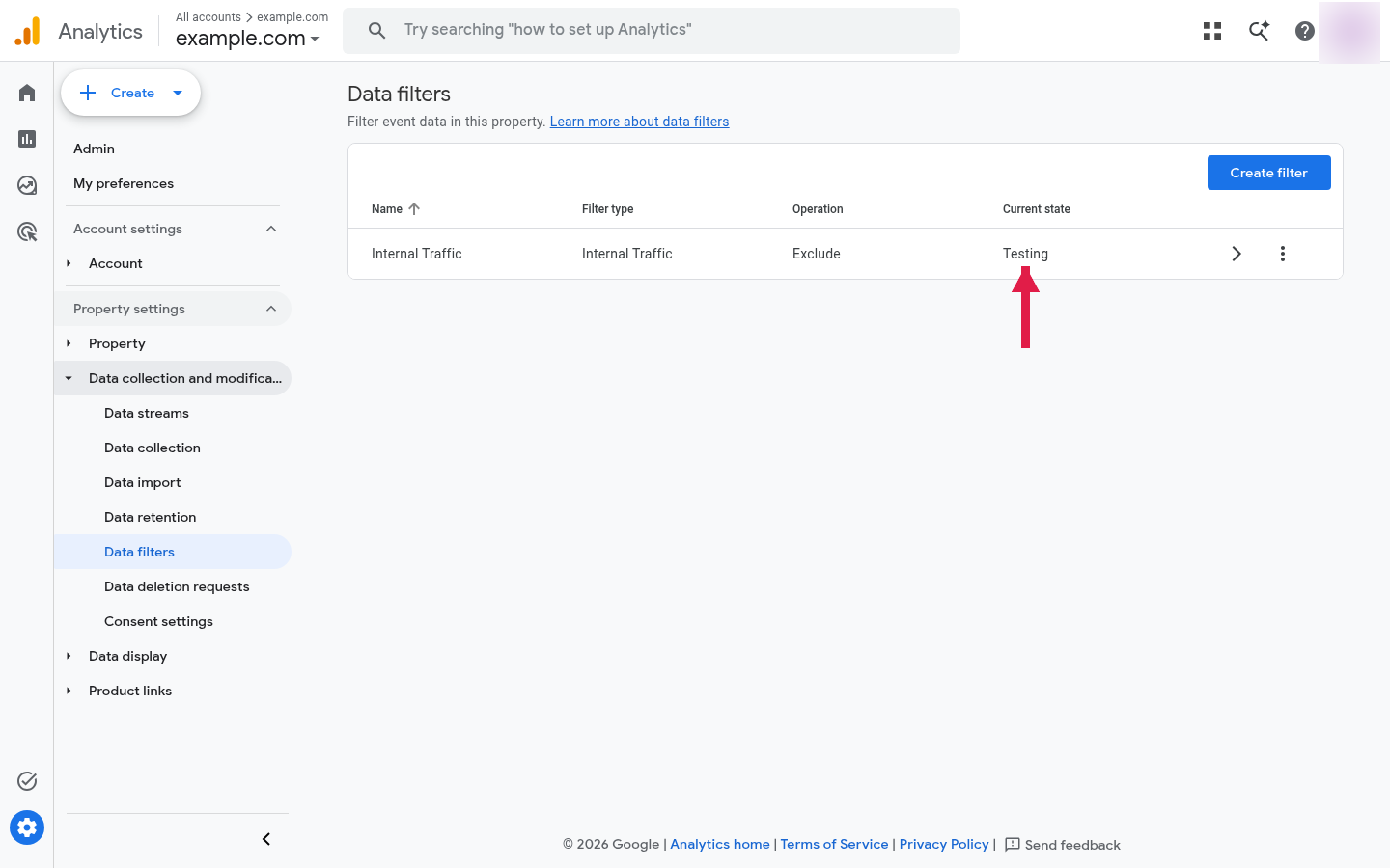 GA4 Admin Data Filters list with an Internal Traffic filter in the Testing state
