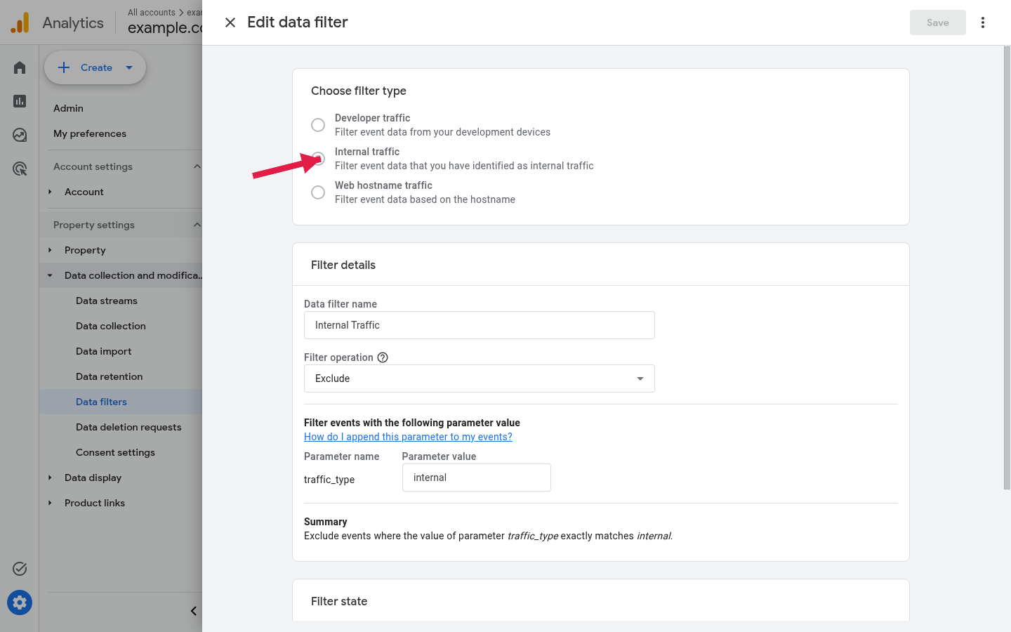 GA4 Edit data filter panel: Internal traffic selected, parameter traffic_type equals internal