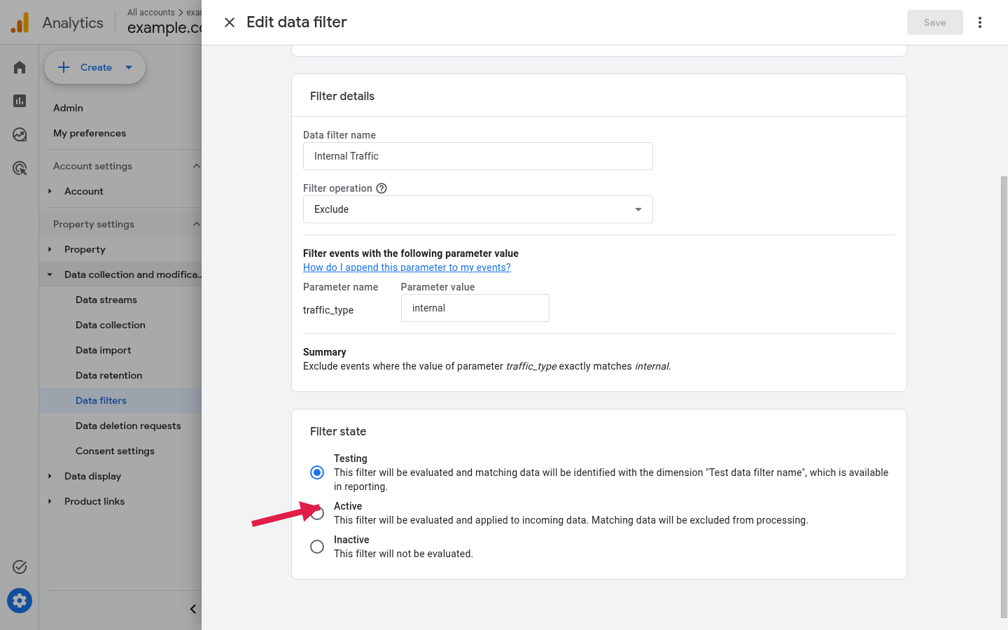 GA4 data filter state options: Testing, Active, and Inactive