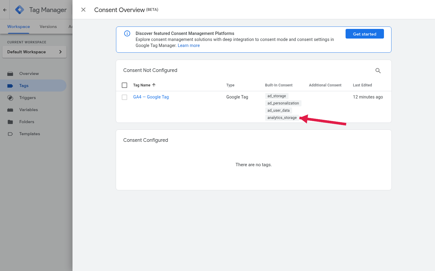 GTM Consent Overview: the Google tag and its built-in consent checks (ad_storage, analytics_storage)