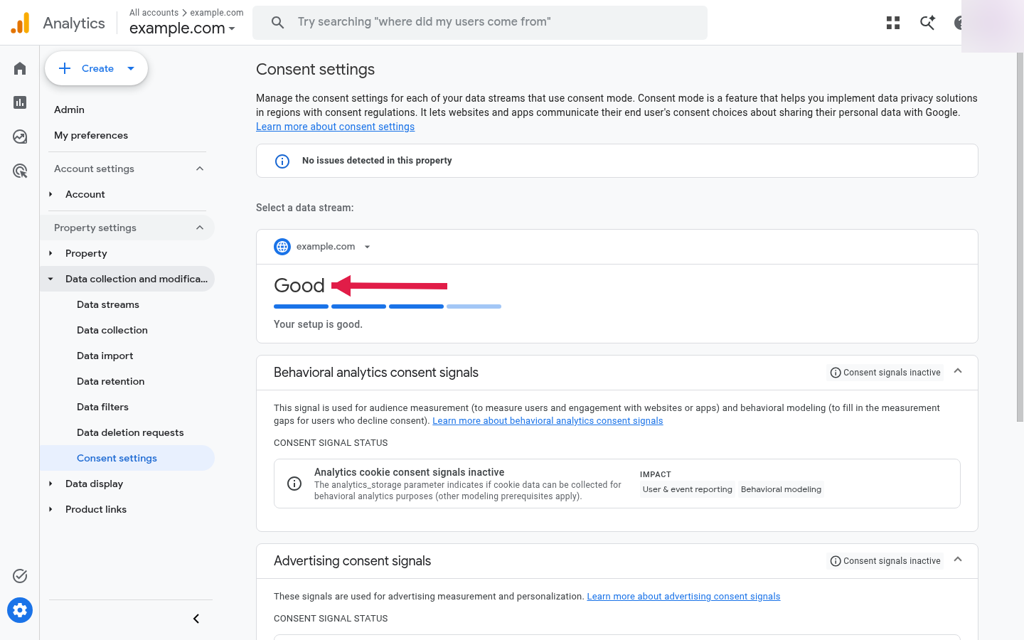 GA4 Admin Consent settings page showing consent signal status